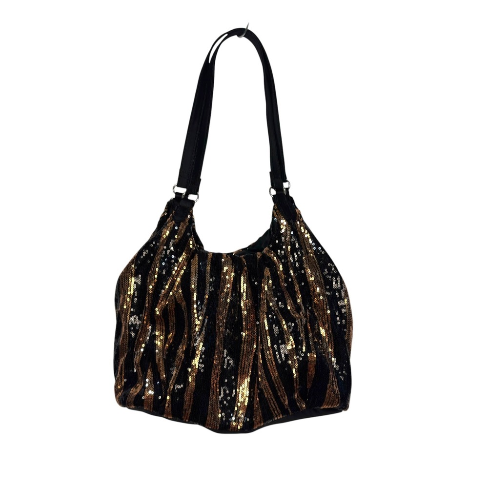 Attention Sequin Tiger Stripe Shoulder Bag Black Gold Glam Lightweight Hobo